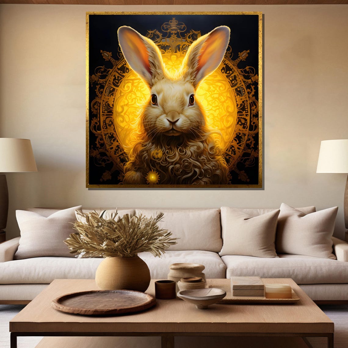 Enchanted Golden Rabbit Before A Glowing Ornamental Halo Poster - Image 5