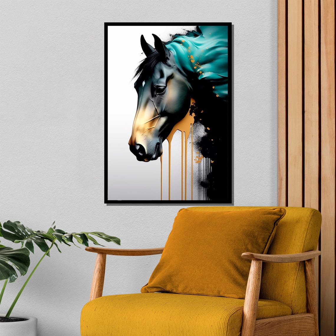 Abstract Horse Head Teal Mane with Gold Drip Modern Art Poster - Image 4