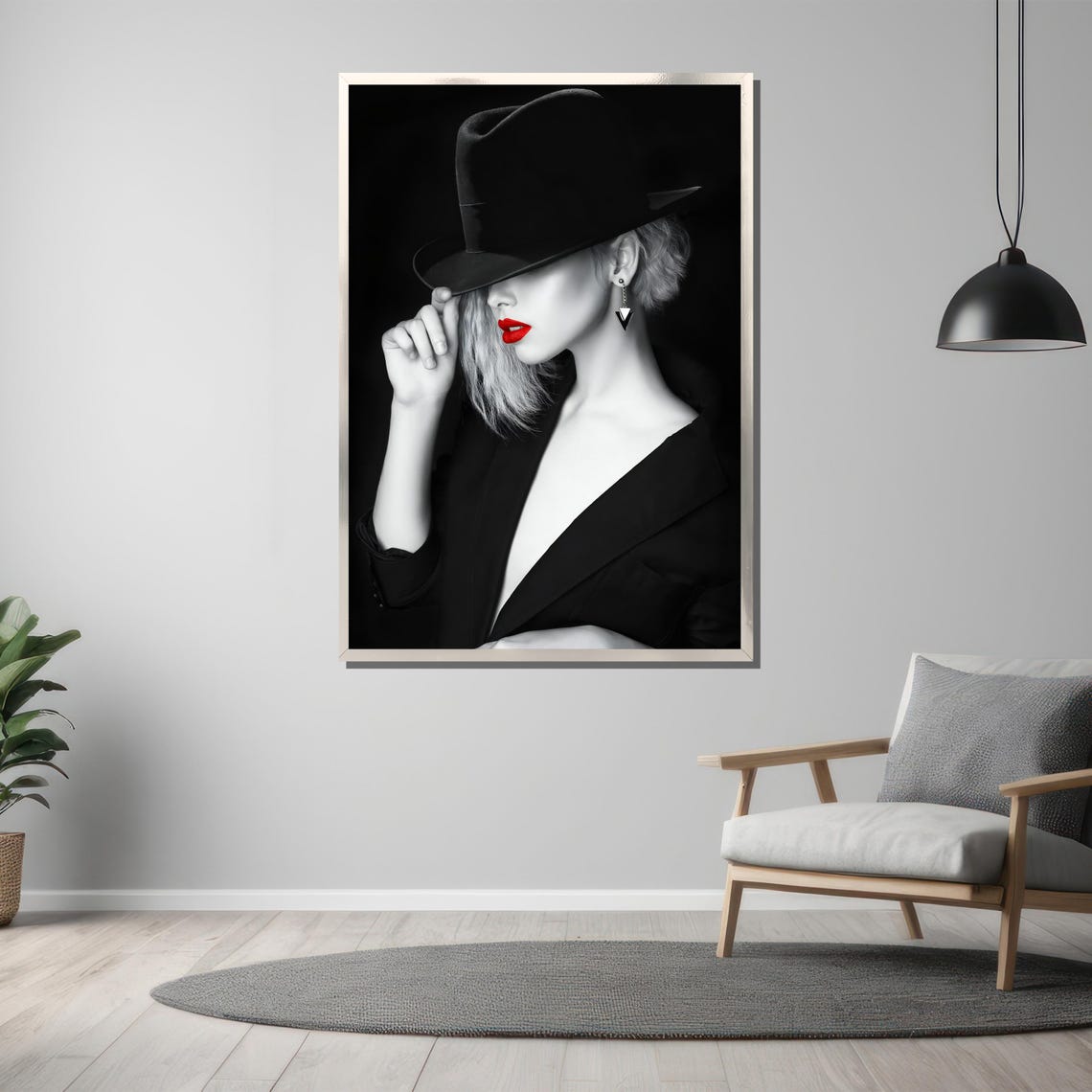 Femme Fatale In Black Hat With Red Lips Noir Style Art Poster - Image 3