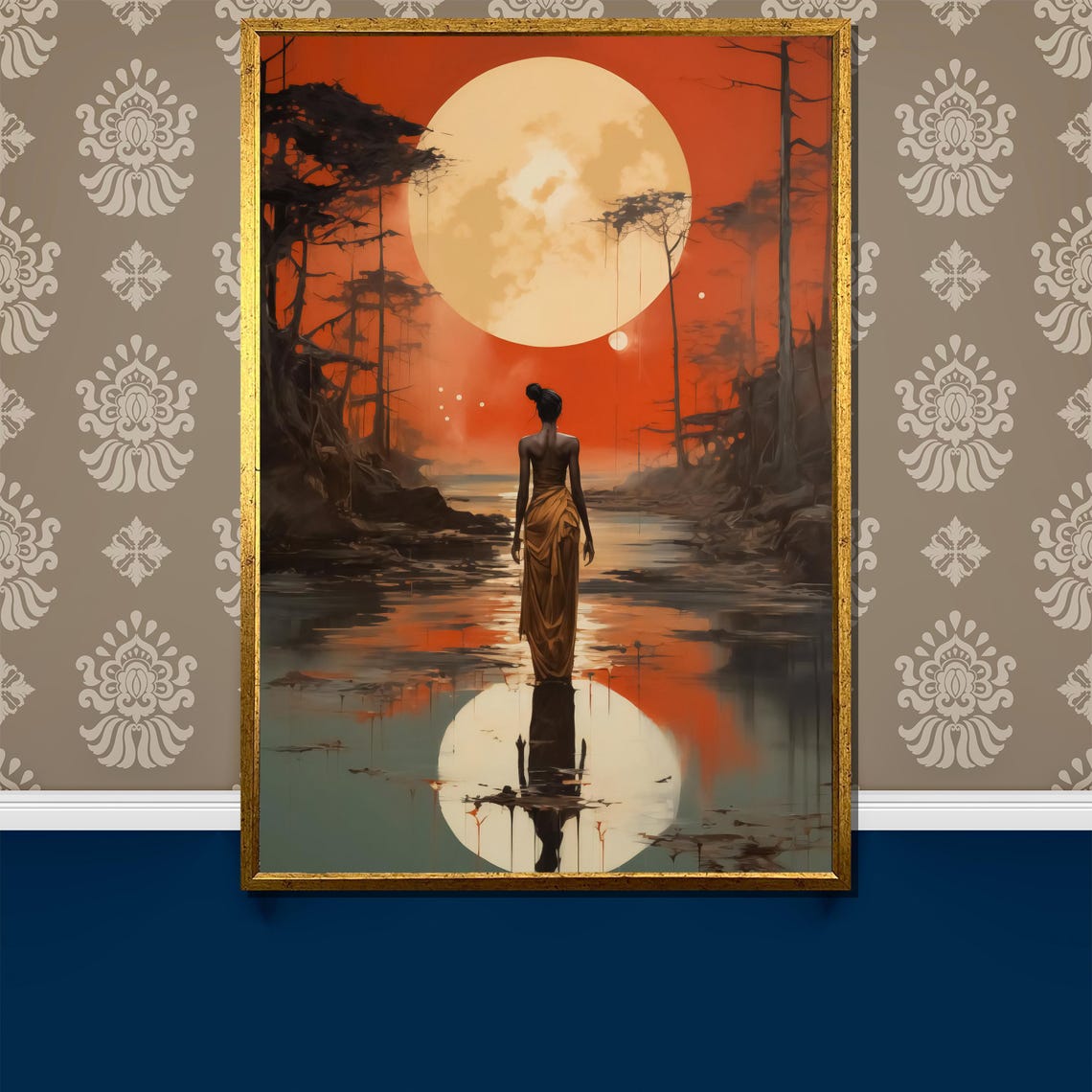 Lone Woman Walking Into Moonlit River Surreal Night Art Poster