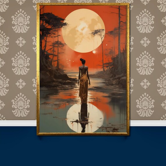 Lone Woman Walking Into Moonlit River Surreal Night Art Poster