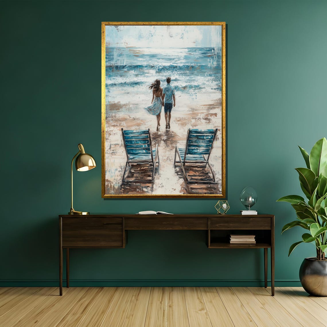 Romantic Couple Walking To The Ocean Past Two Blue Beach Chairs Poster - Image 5