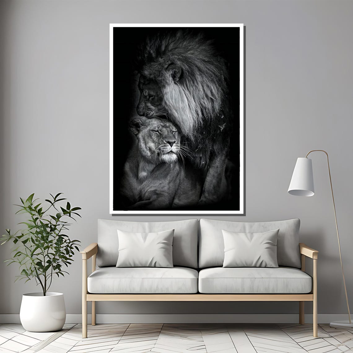 Tender Lion And Lioness Embrace In Dramatic Black And White Poster - Image 2
