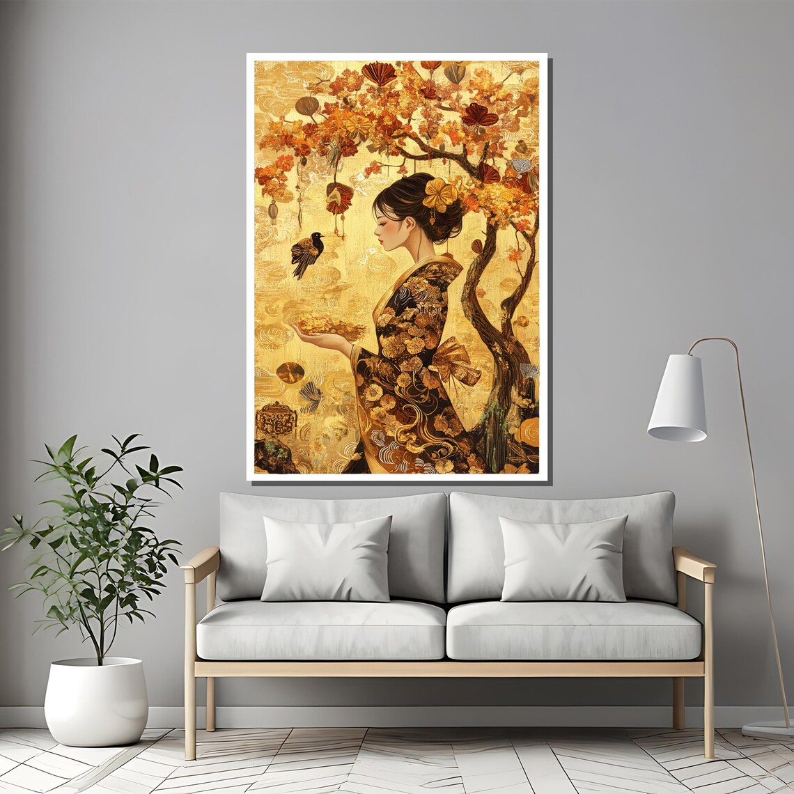 Golden Kimono Woman Beneath Blazing Autumn Tree Japanese Art Poster - Image 2