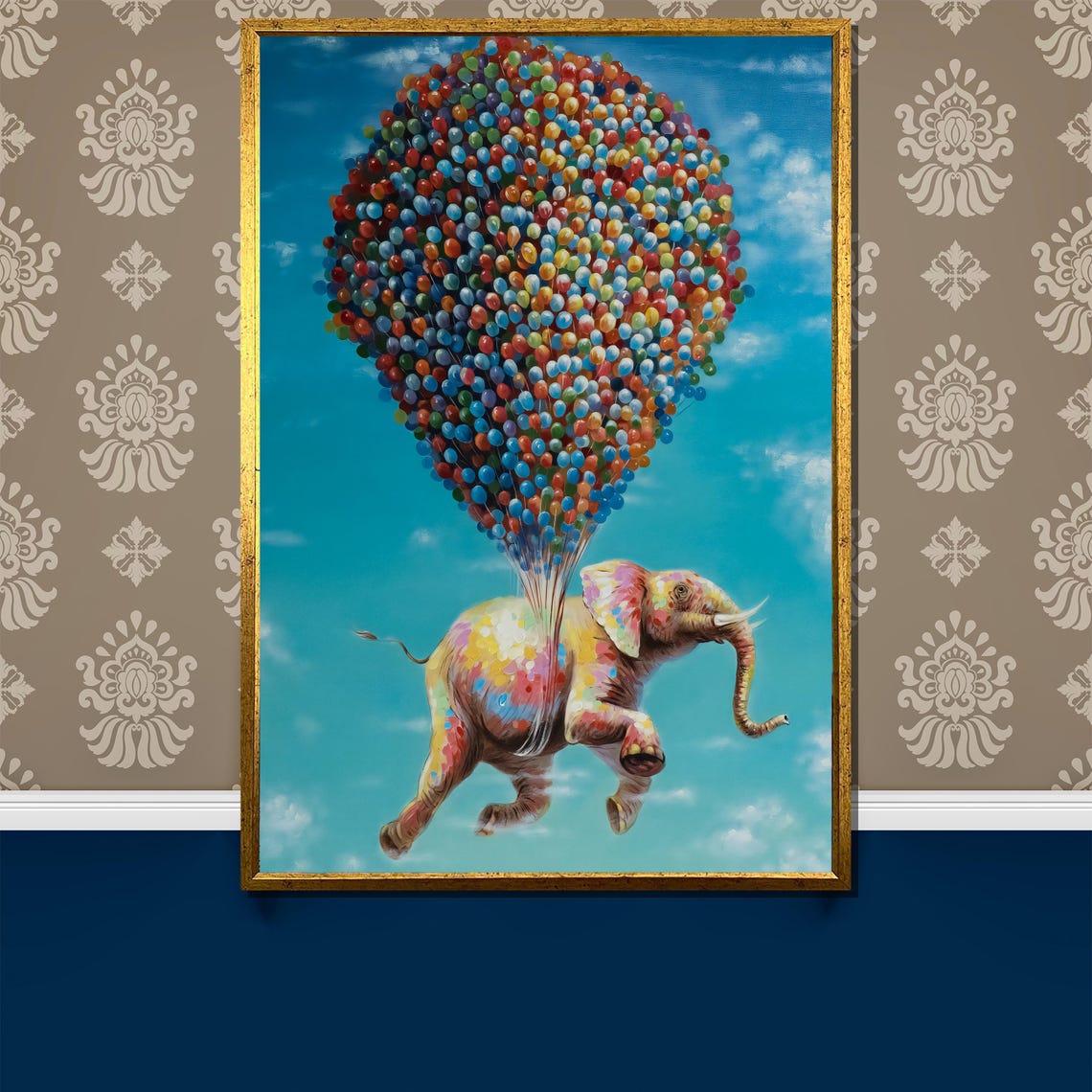 Joyful Rainbow Elephant Floating Away With Colorful Balloons Poster