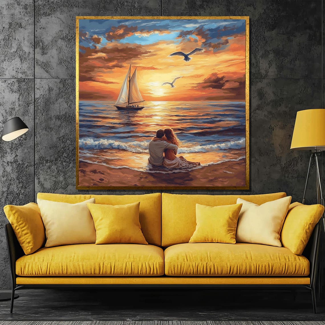 Romantic Beach Sunset Couple Embracing By Sailboat Ocean Poster
