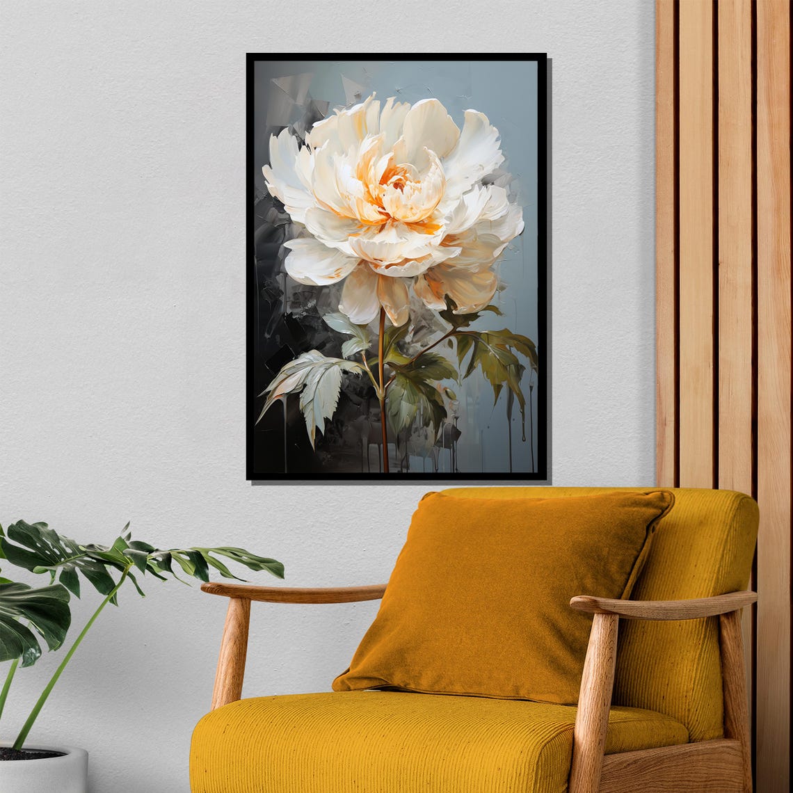 White Peony with Peach Center on a Dark Drip Background Poster - Image 4