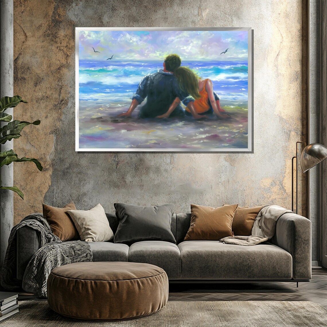 Couple Sitting On The Beach Watching Ocean Waves And Seagulls Poster - Image 3