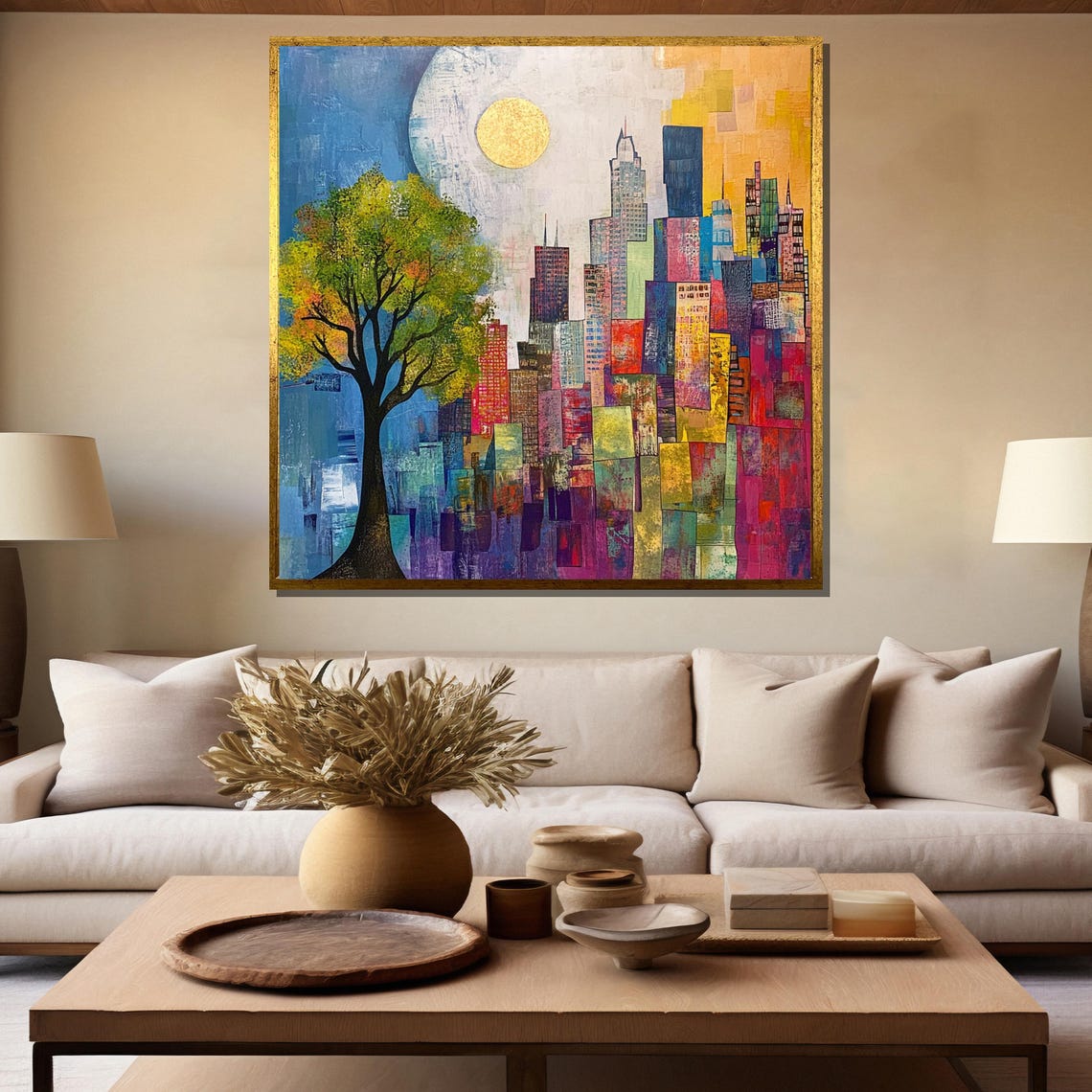 Colorful City Skyline With Tree and Golden Sun Mosaic Poster