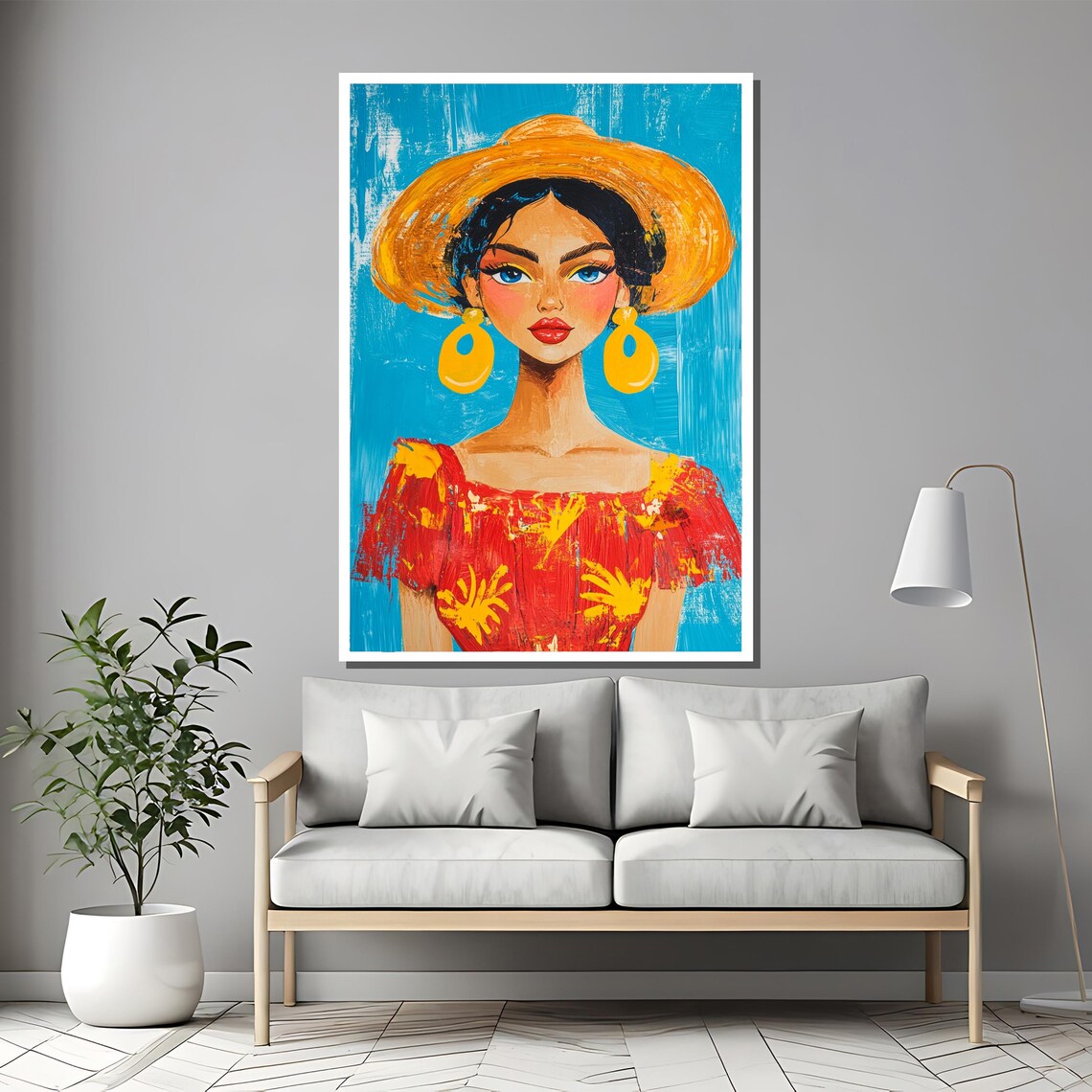 Colorful Summer Woman Portrait Straw Sun Hat Bright Blue Poster - Image 2