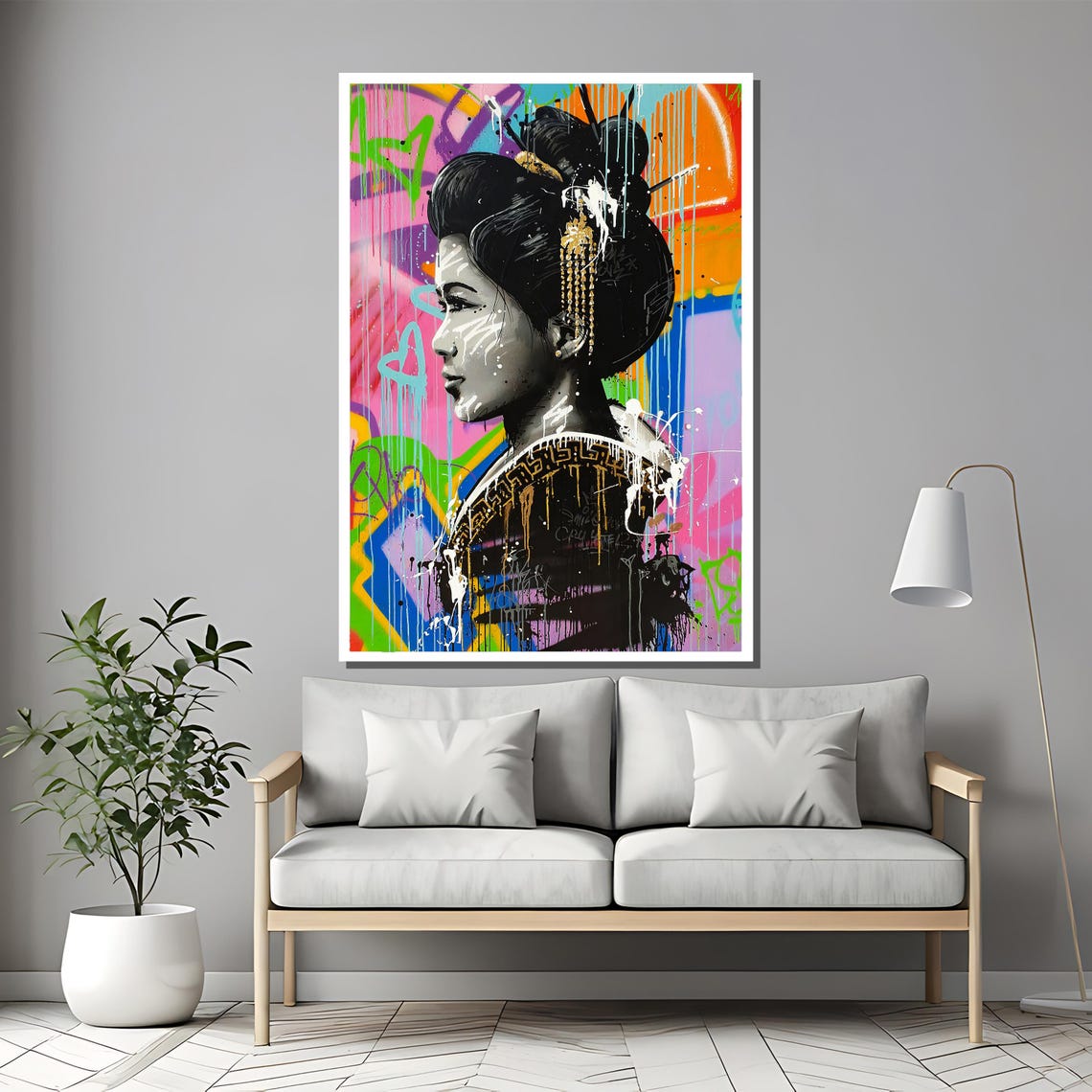 Geisha Portrait Black White Face On Colorful Graffiti Poster - Image 2
