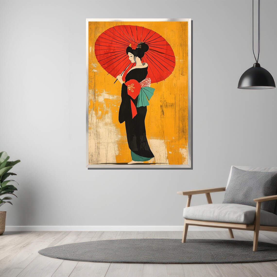 Vintage Geisha With Red Parasol On Ochre Japanese Art Poster - Image 3