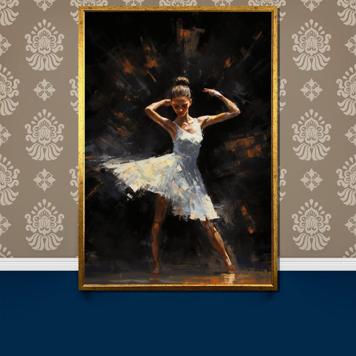 Ballerina in White Dress Dramatic Dark Stage Painting Poster