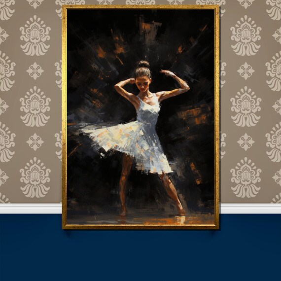Ballerina in White Dress Dramatic Dark Stage Painting Poster