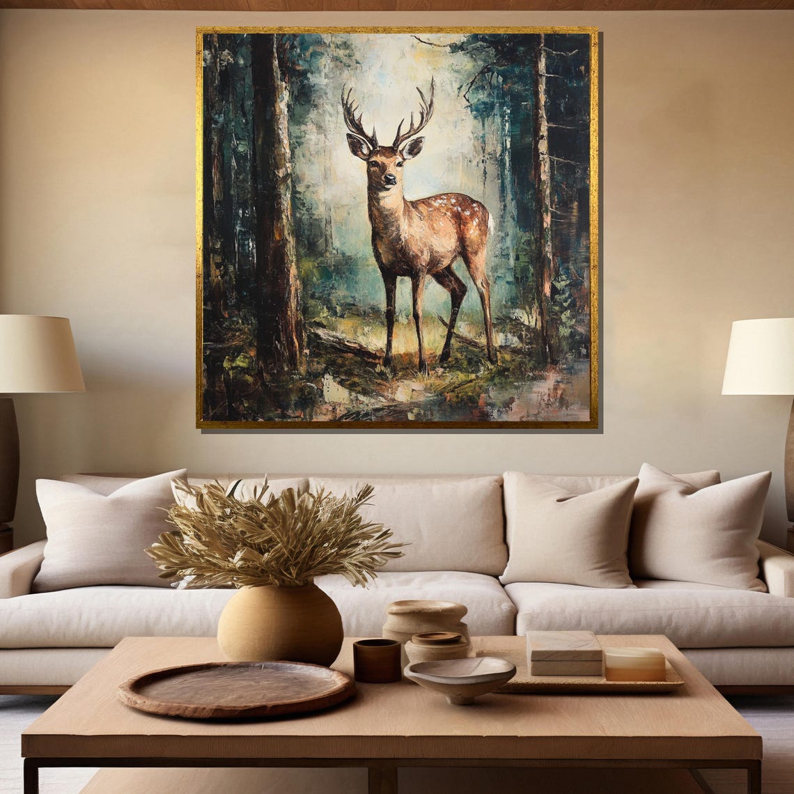 Majestic Stag Standing in a Misty Forest Vintage Painting Poster - Image 5
