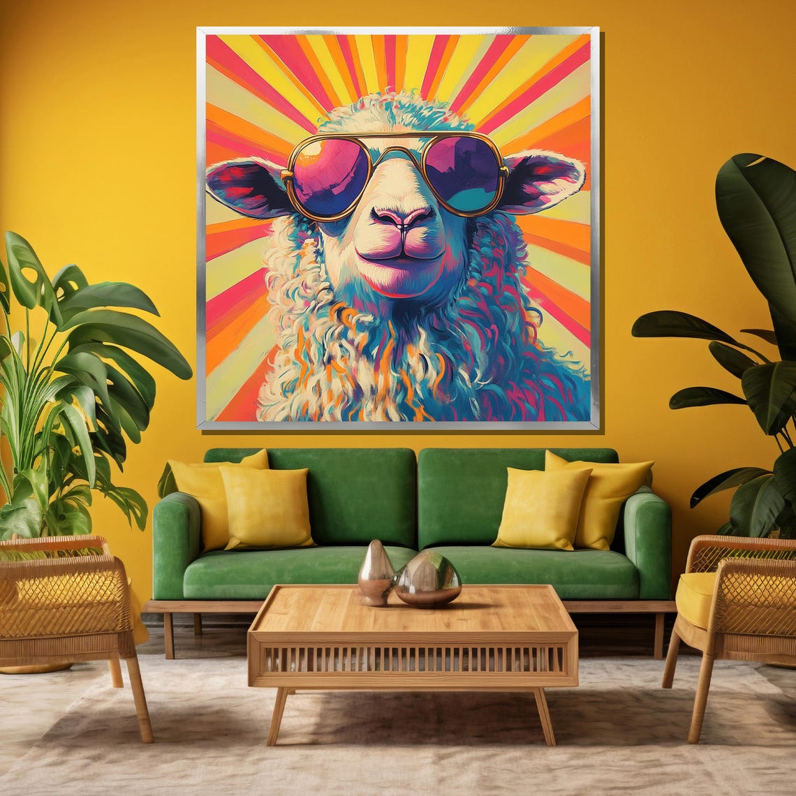 Retro Sheep in Sunglasses Over a Psychedelic Sunburst Poster - Image 3