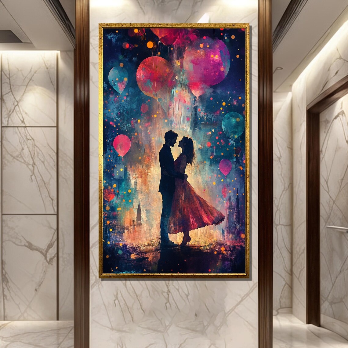 Romantic Couple Silhouette With Balloons City Night Art Poster