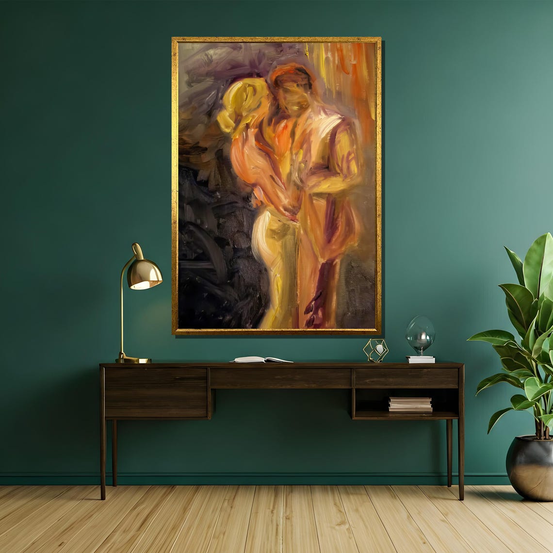Abstract Couple In Warm Orange Embrace Glowing Painting Poster - Image 5