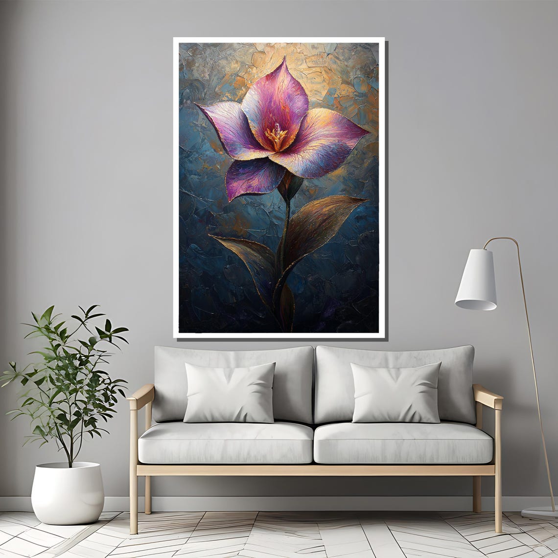 Purple Abstract Lily Bloom Textured Dark Floral Painting Poster - Image 2