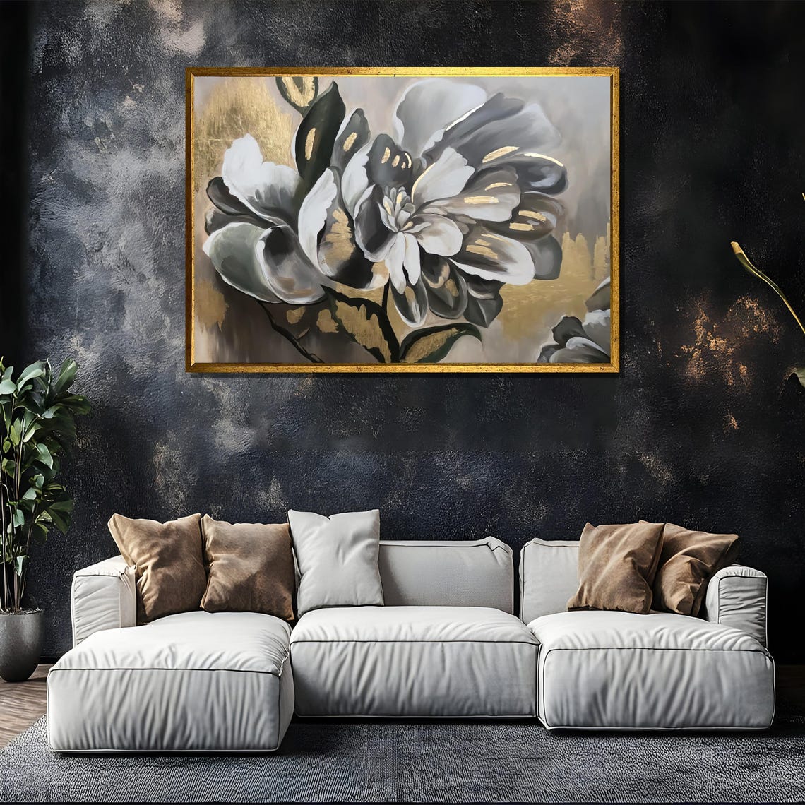 Monochrome Magnolia Bloom with Gold Accents in a Modern Floral Poster - Image 5