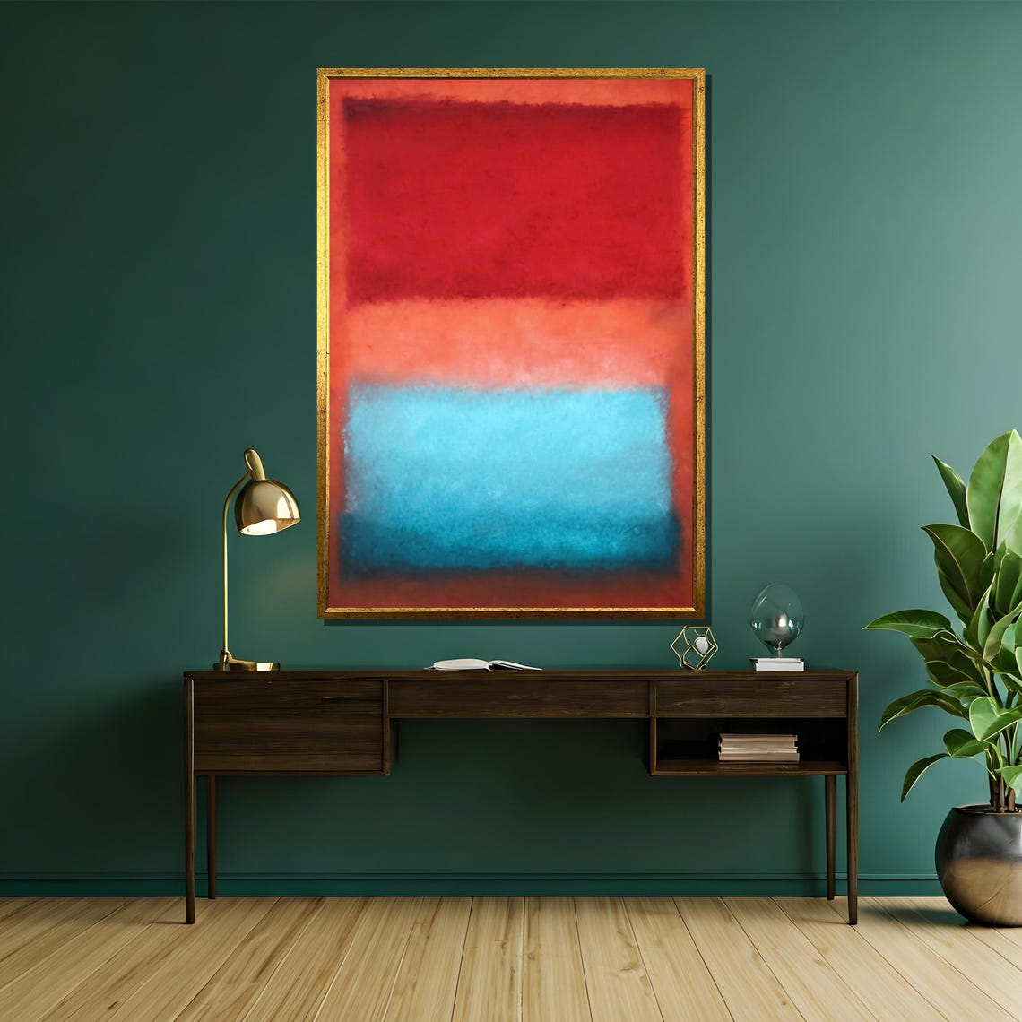 Bold Red Coral and Teal Color Block Rothko Inspired Abstract Poster - Image 5