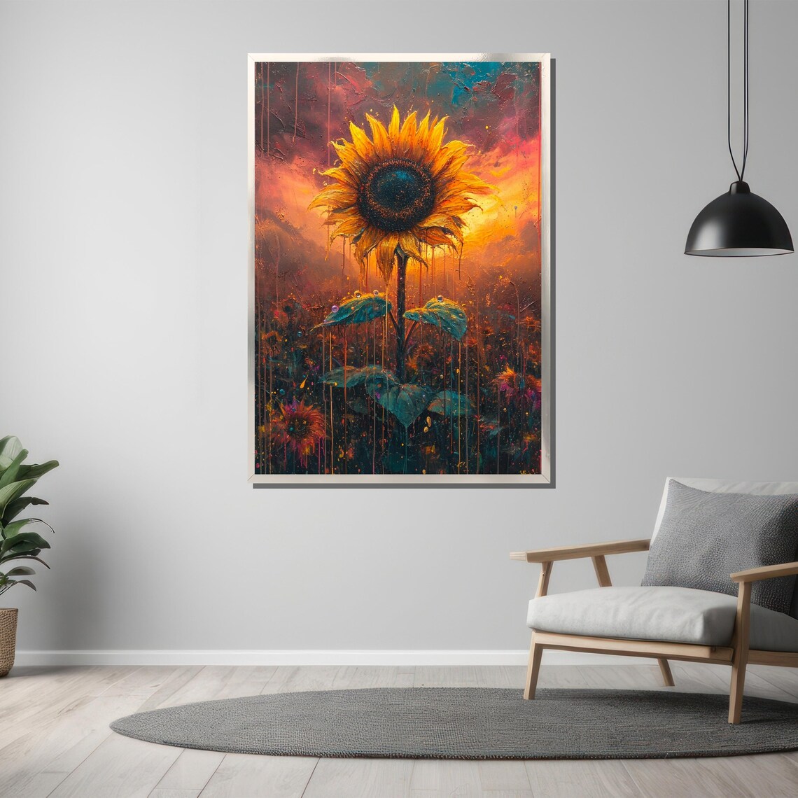 Lone Sunflower Against a Fiery Sunset Sky Dramatic Painting Poster - Image 3