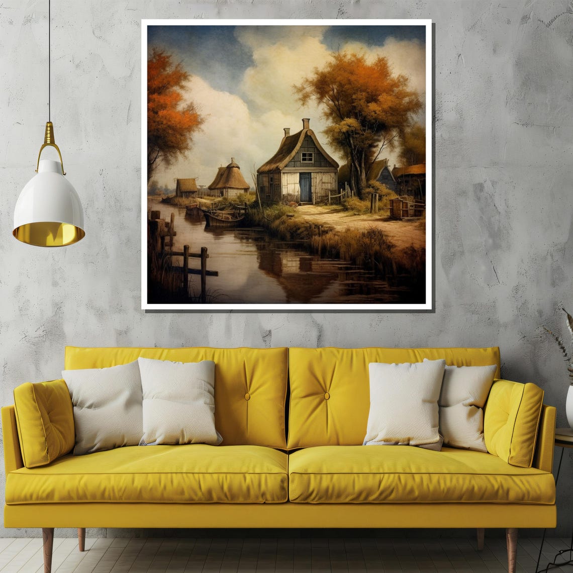 Rustic Thatched Cottage Canal Painting Autumn Countryside Poster - Image 2