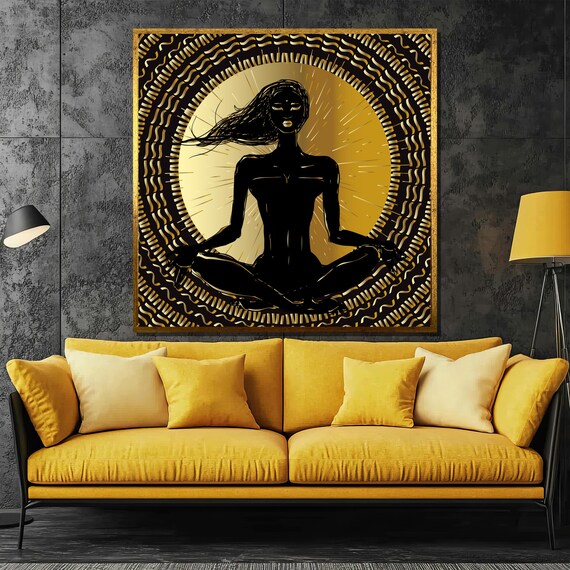 Meditating Woman Silhouette in Black and Gold Mandala Poster