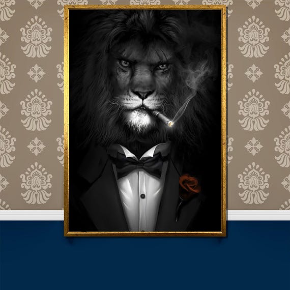 Regal Lion In Tuxedo Painting Bold Sophisticated Wall Art Gift Majestic Animal Portrait Home Decor