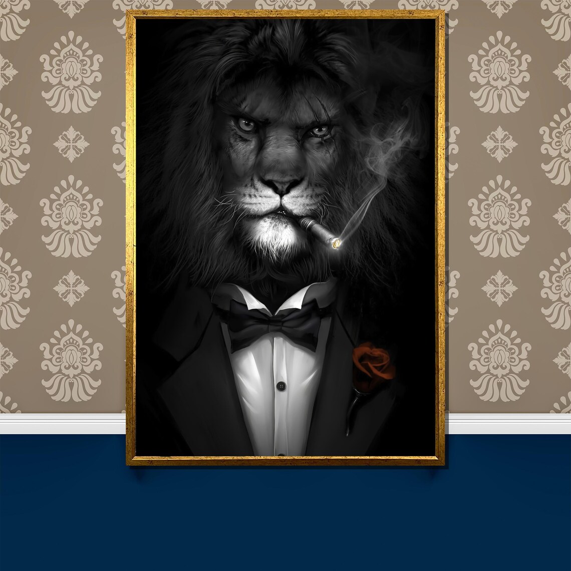 Lion Gangster Tuxedo Cigar Red Rose Funny Animal Artwork Poster