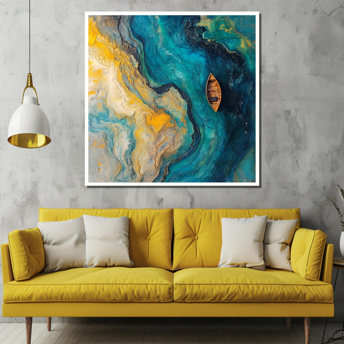 Abstract Turquoise River With Tiny Wooden Boat From Above Art Poster - Image 2