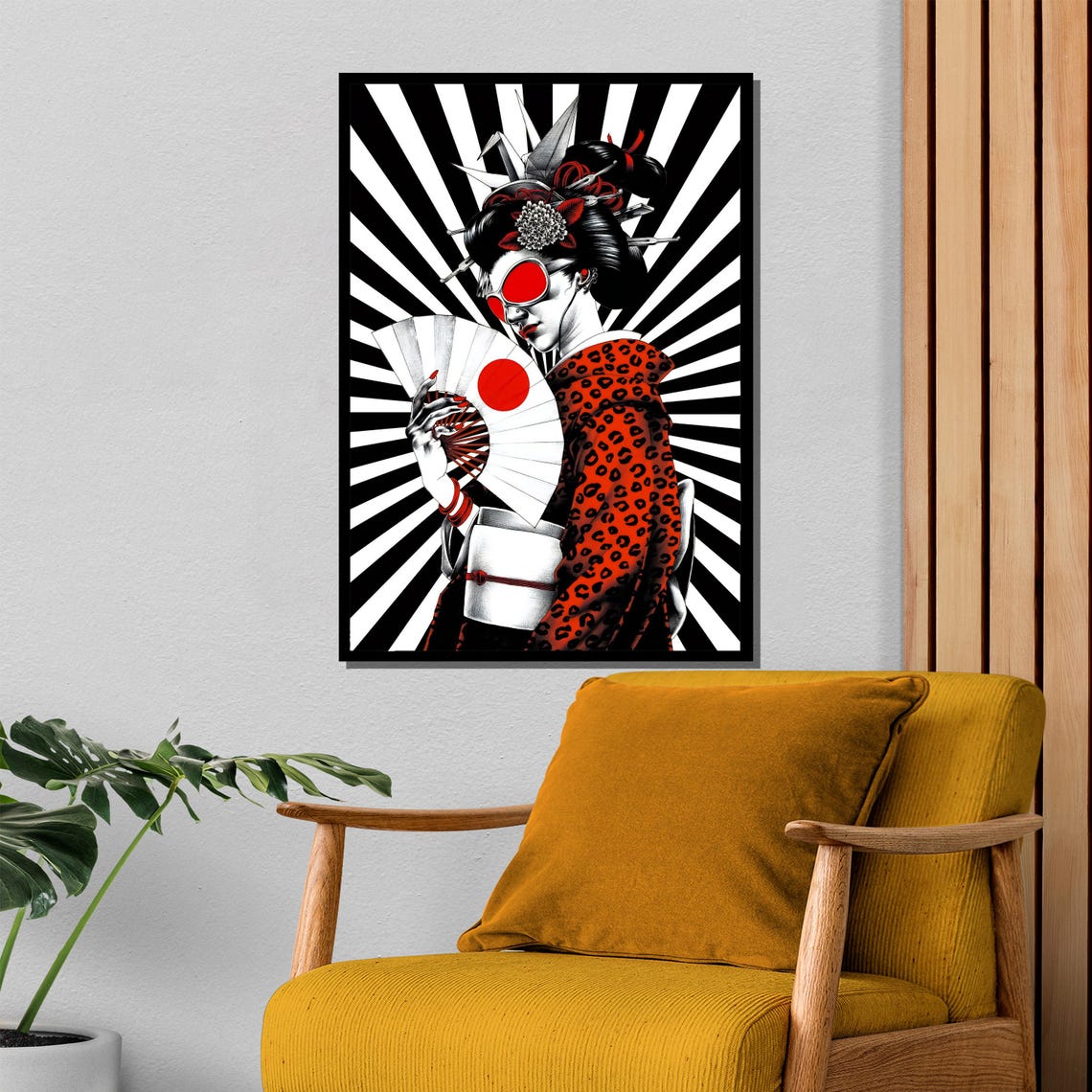 Japanese Geisha Red Black Fan Sunburst Graphic Art Elegant Poster - Image 4