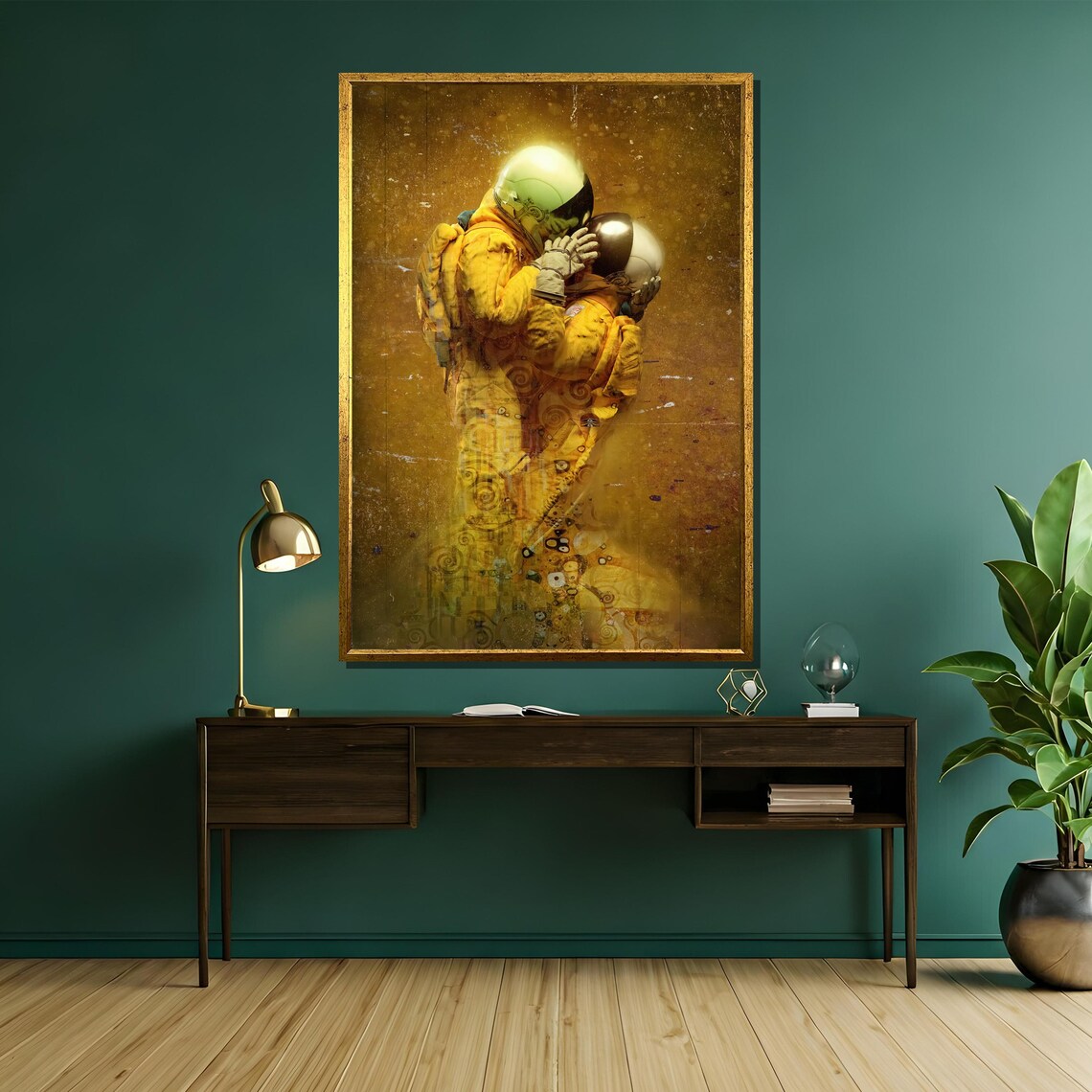 Two Astronauts Embracing In Golden Klimt Inspired Swirling Light Poster - Image 5