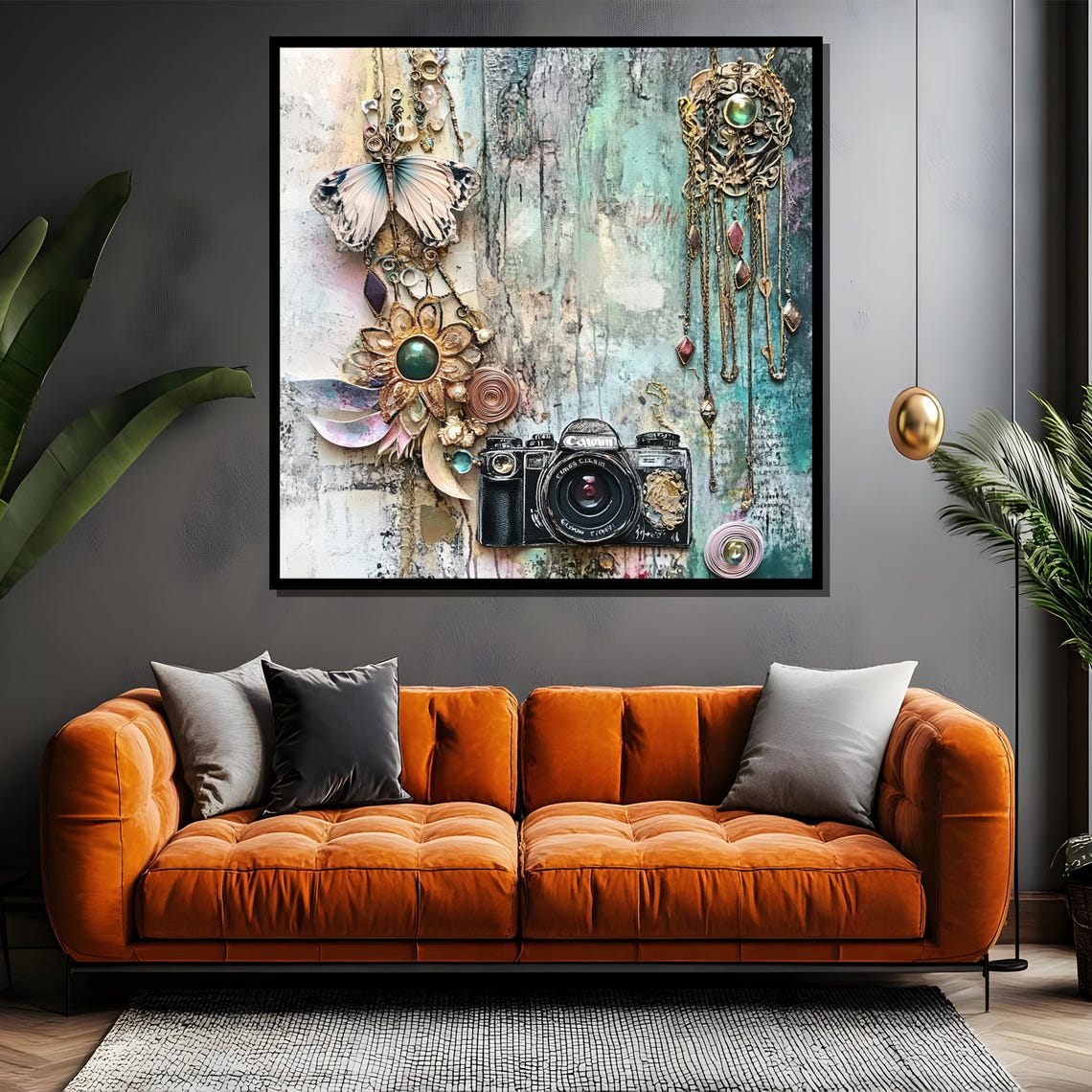 Vintage Camera Mixed Media Jewelry Butterfly Collage Art Poster - Image 4
