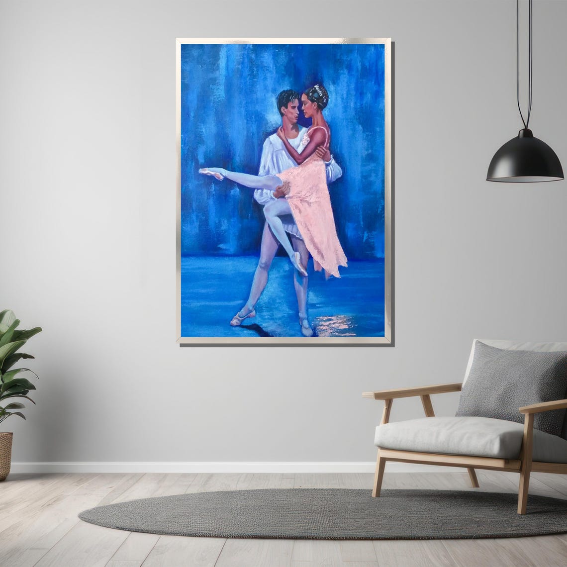 Elegant Ballet Dancers Lift On Blue Stage Romantic Painting Poster - Image 3