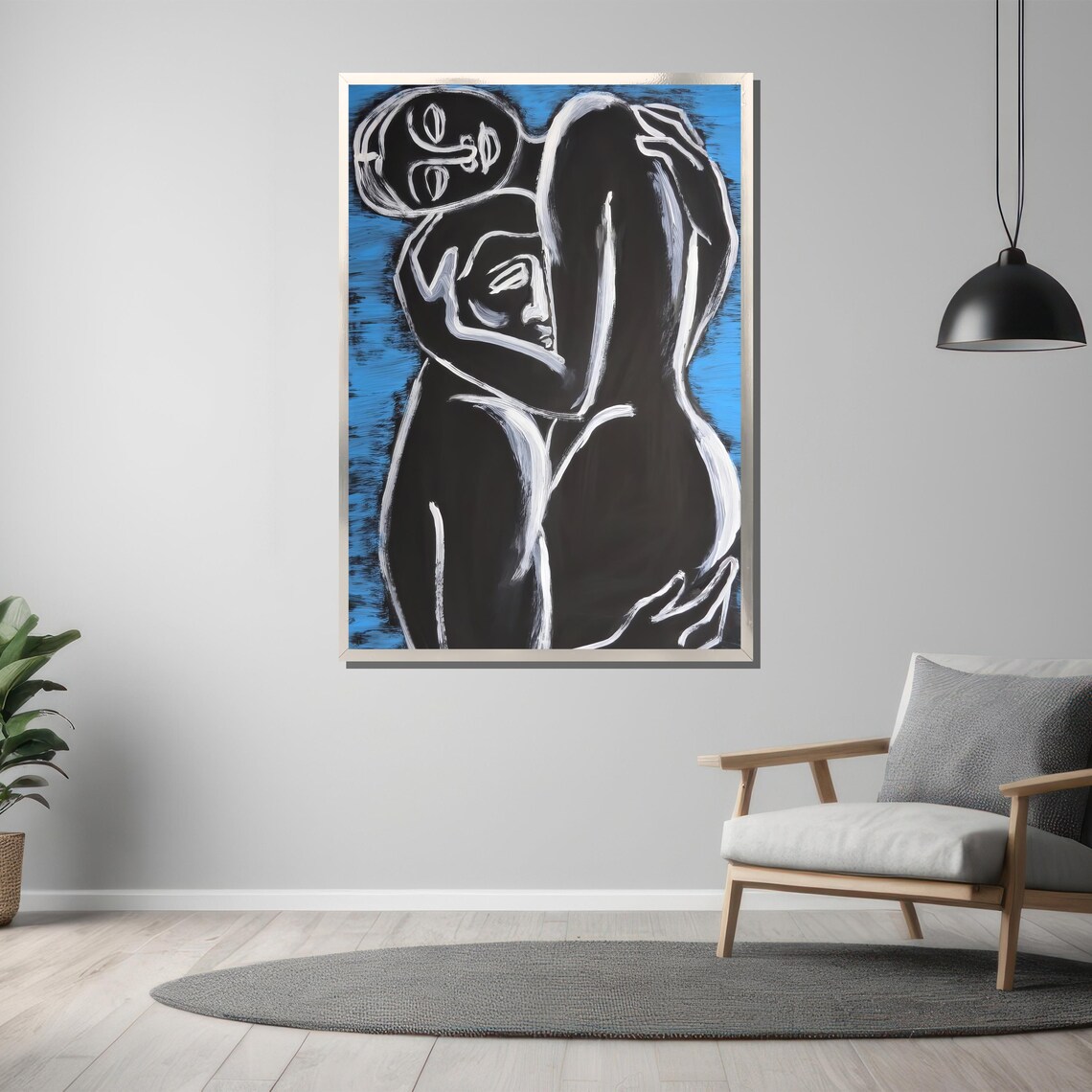 Minimalist Blue And Black Abstract Embrace With White Line Art Poster - Image 3