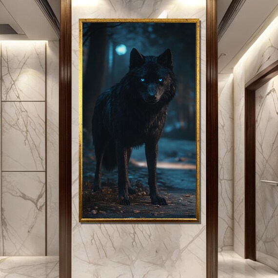 Midnight Howl Black Wolf With Glowing Blue Eyes in Dark Woods Poster