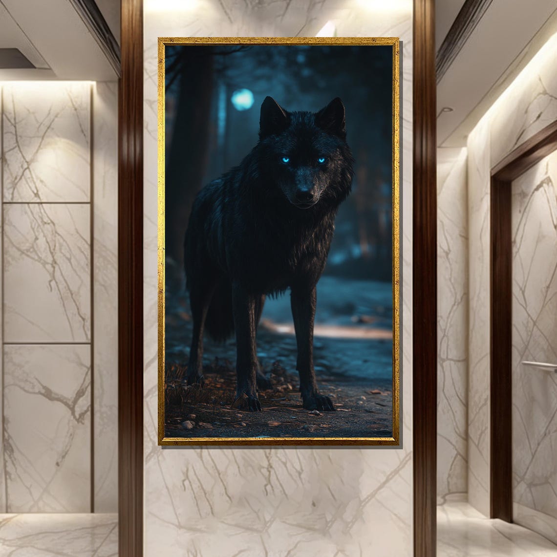 Midnight Howl Black Wolf With Glowing Blue Eyes in Dark Woods Poster