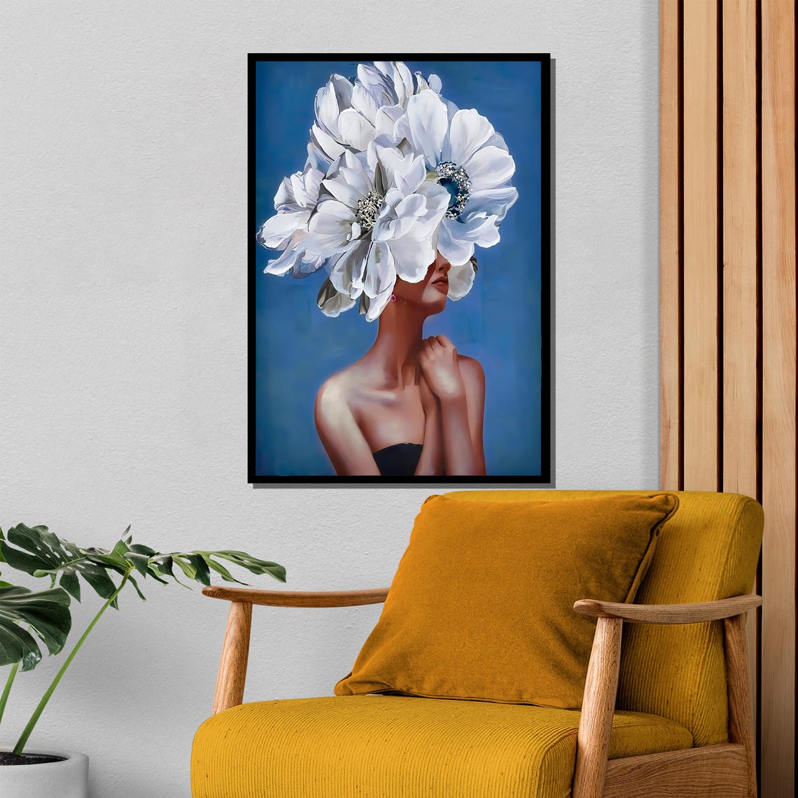 Woman With White Flower Headdress On Blue Modern Portrait Poster - Image 4
