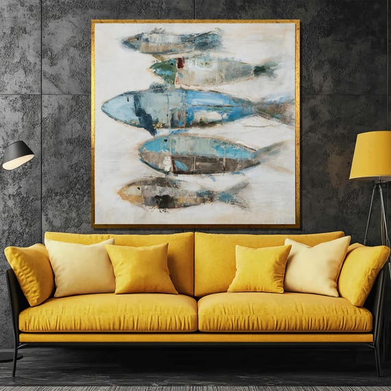 Vintage Style Blue Fish Painting Coastal Wall Art Gift For Ocean Lovers Perfect Nautical Decor For Beach Homes And Cottages