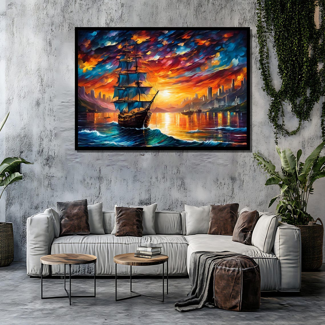 Tall Ship Sailing Into Sunset Harbor With City Skyline Painting Poster - Image 4