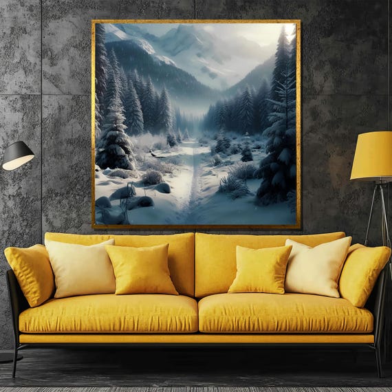 Snowy Mountain Path Painting Winter Wonderland Landscape Wall Art Gift Serene Forest Trail In The Snow For Cozy Home Decor