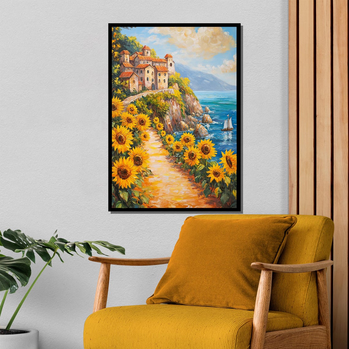 Sunflower Path to a Mediterranean Seaside Village Painting Poster - Image 4