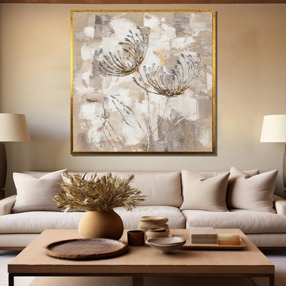 Silver Abstract Dandelion Flowers On Neutral Beige Art Poster - Image 5