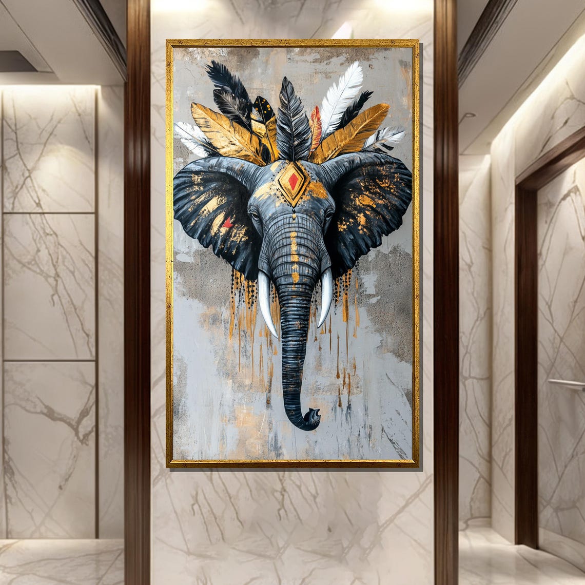 Tribal Crown Boho Elephant With Feather Headdress Ethnic Art Poster