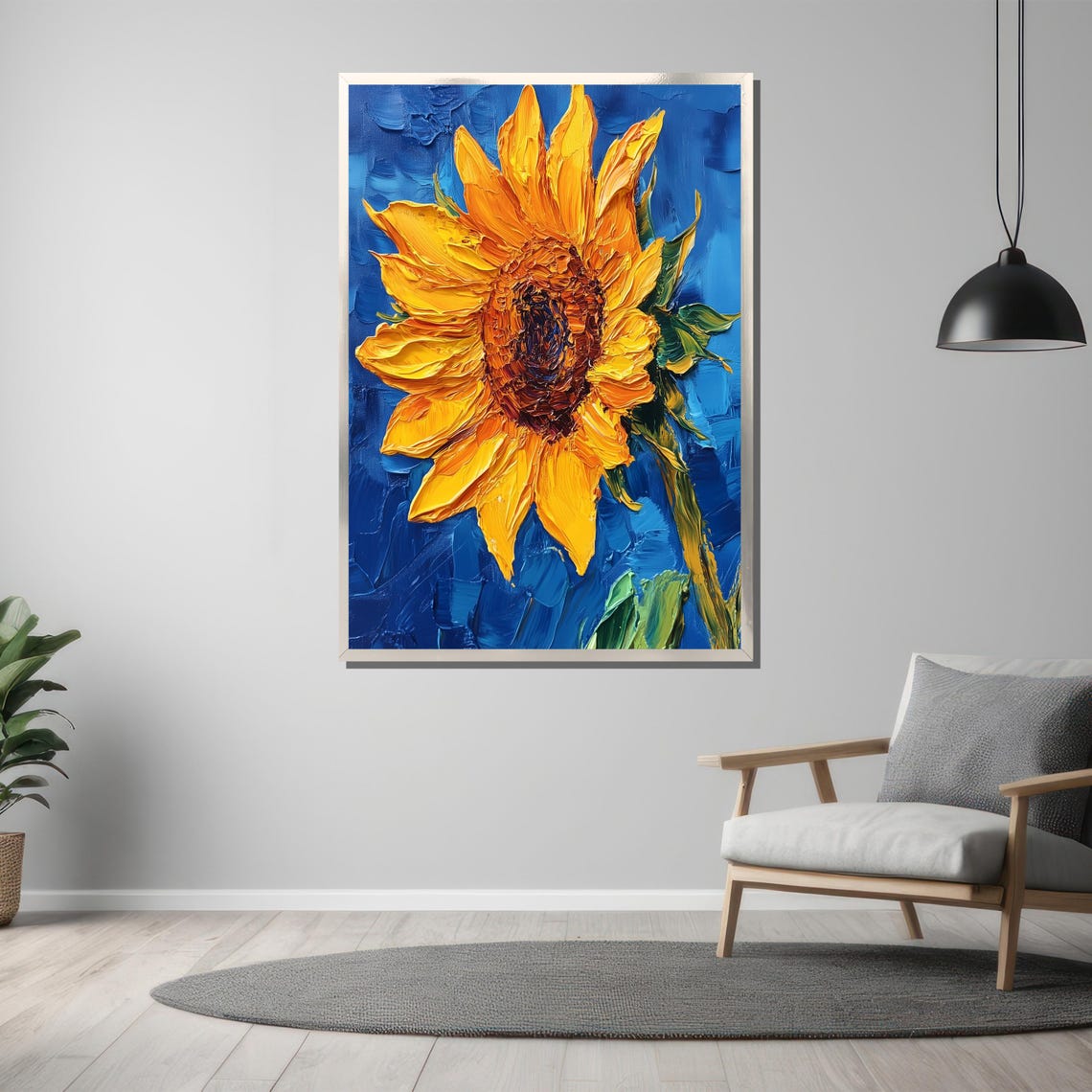 Bold Yellow Sunflower Impasto Thick Paint Blue Background Poster - Image 3