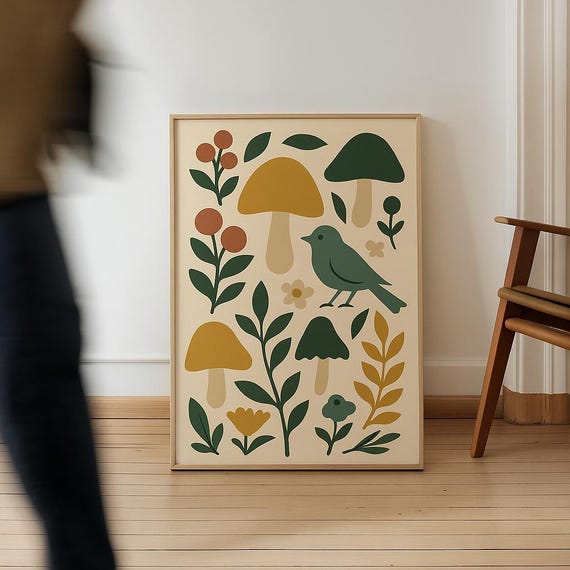 Botanical Flora Fauna Art Earthy Mushroom Bird Illustration Boho Minimalist Nature Print
