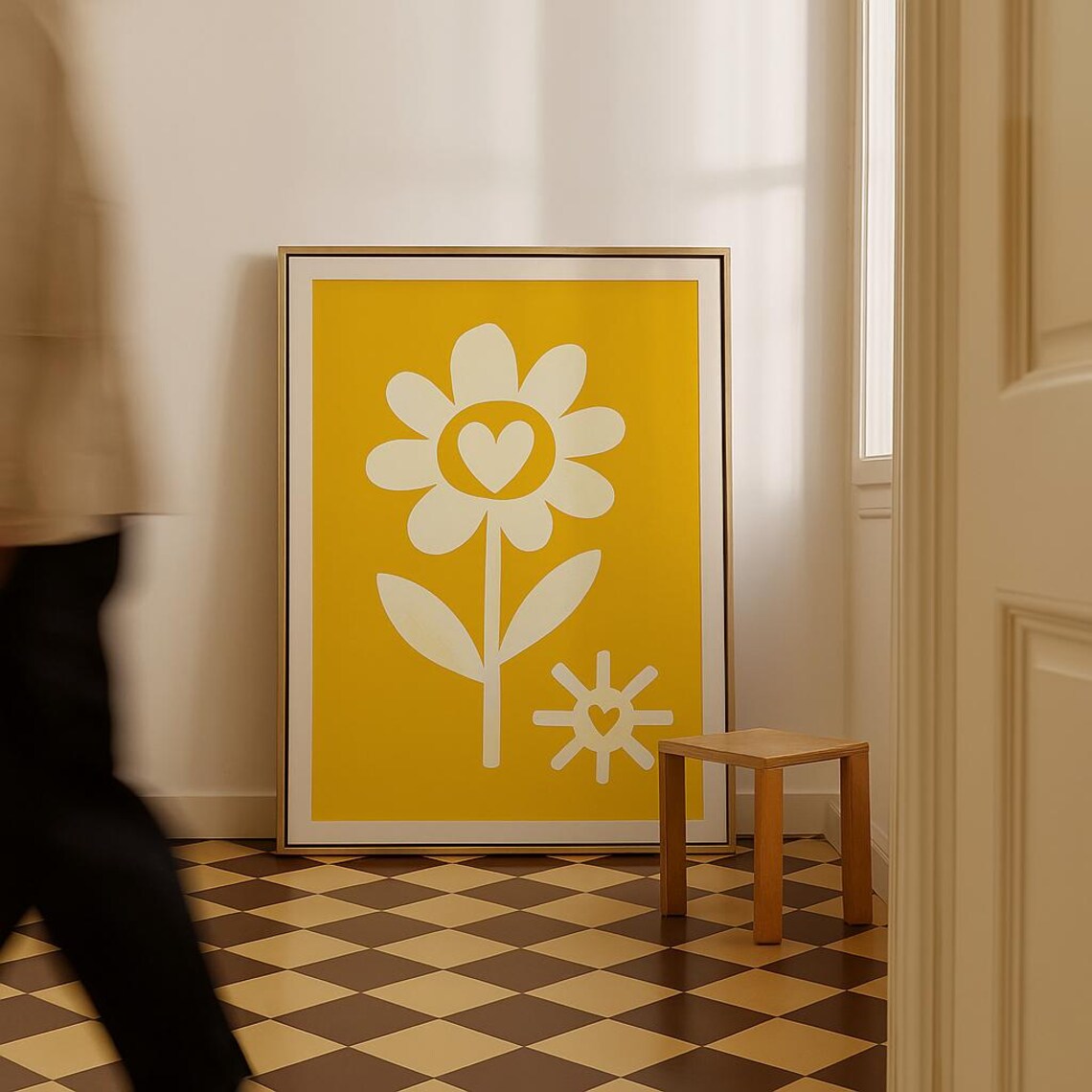 Retro Yellow Daisy with Heart Center Midcentury Floral Poster