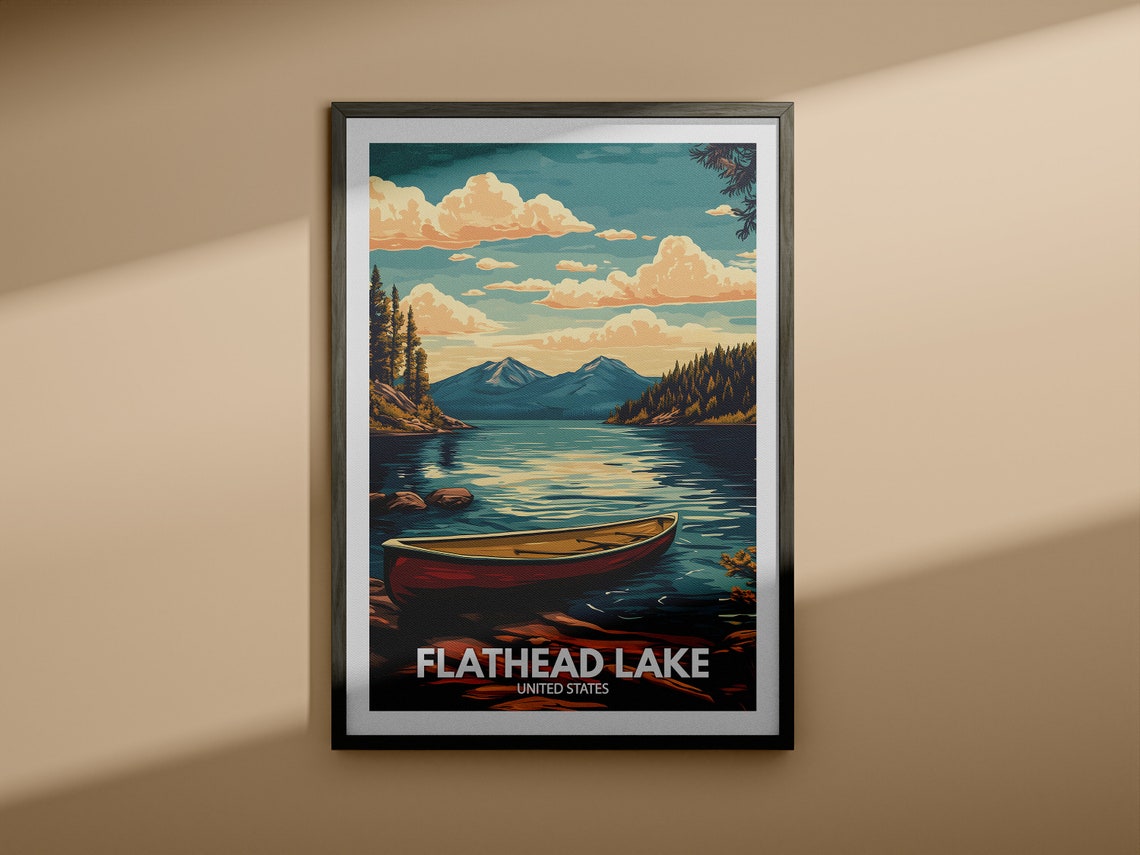 Flathead Lake Print United States Flathead Lake Poster United States Travel Poster Natural Lake Wall Art Lake View Art Decor - Image 3