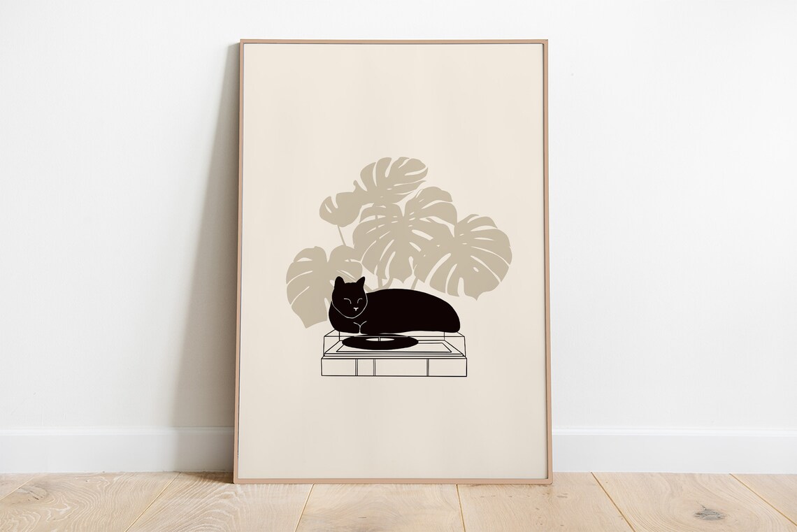 Cat On Record Art Print, Black Cat Illustration - Image 4